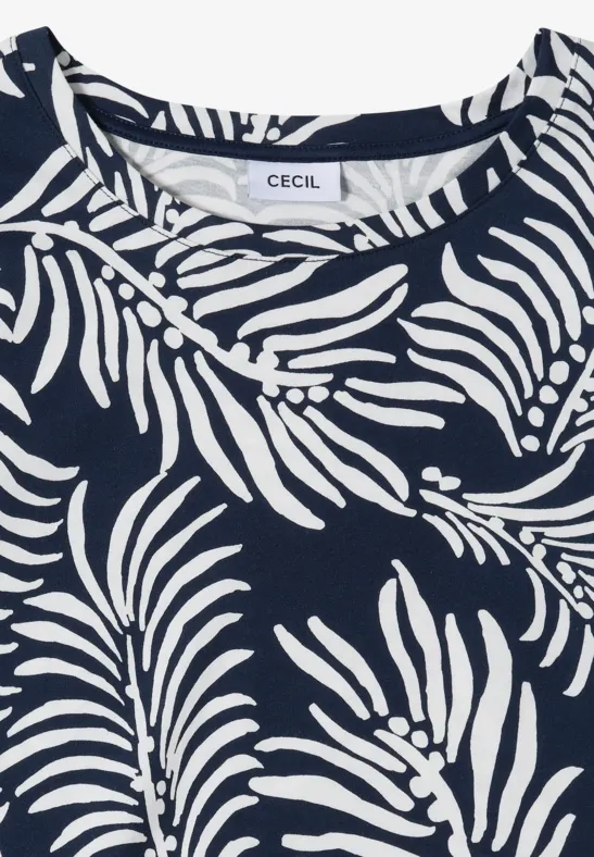 Dunkelblaue Bluse mit weißem Blattmuster, elegant und sommerlich.