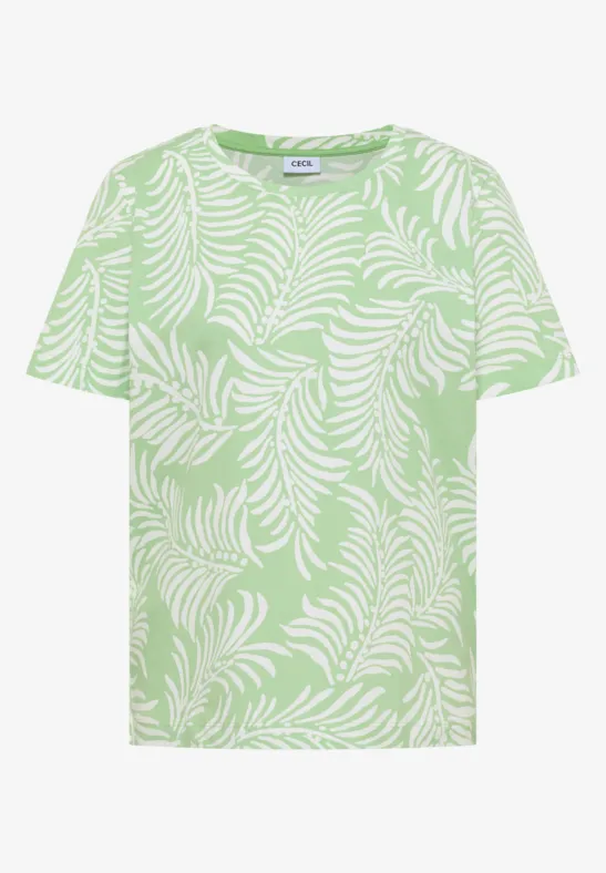 Hellgrünes T-Shirt mit weißem tropischem Blättermuster.