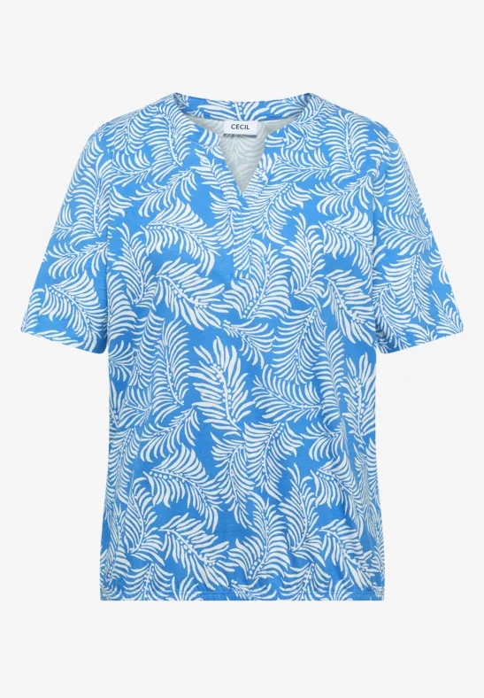 Losvallend blauw T-shirt met korte mouwen, wit bladprint en V-hals.