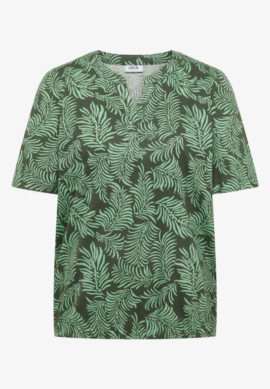 T-shirt vert à manches courtes avec motif de feuilles vert clair.