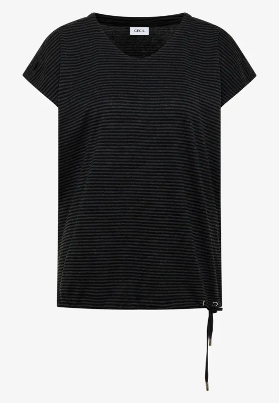 Zwart T-shirt met korte mouwen, fijne horizontale strepen en een aansnoerkoord aan de zijkant.