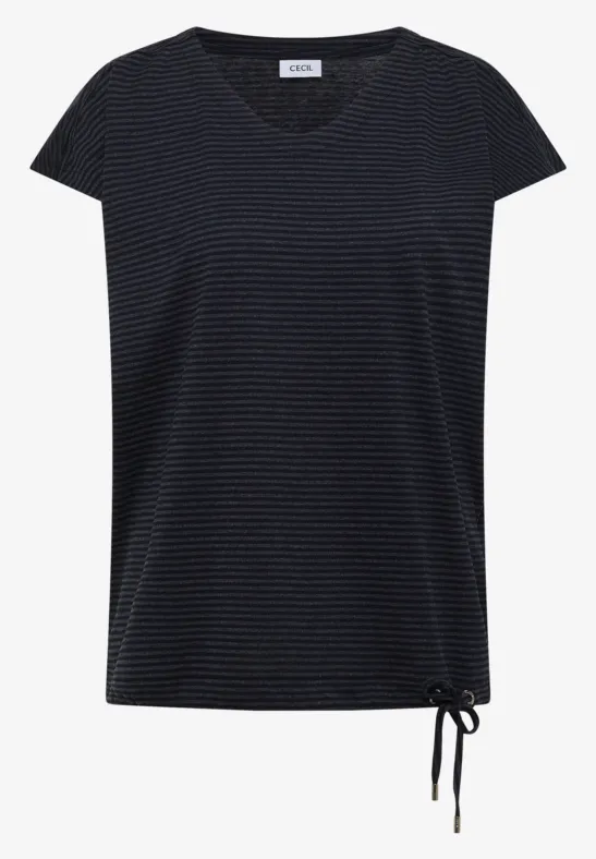 Schwarzes kurzärmeliges T-Shirt mit feinen Streifen und seitlicher Kordel am Saum.