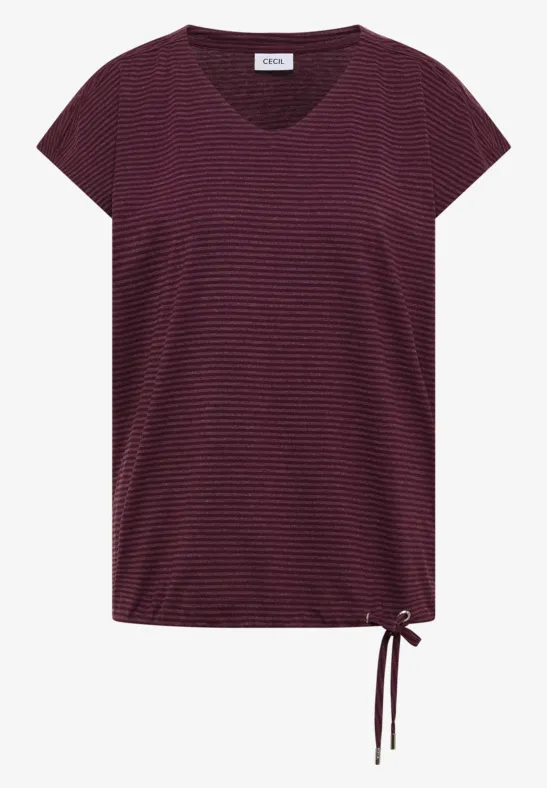 Dunkelrotes, gestreiftes Kurzarmshirt mit Rundhalsausschnitt und seitlicher Schnürung am Saum.
