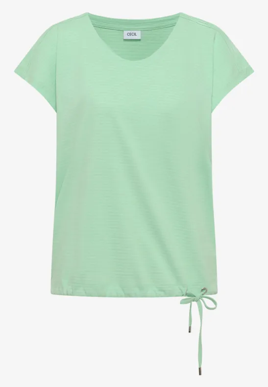 Hellgrünes Damen-T-Shirt mit kurzen Ärmeln, Rundhalsausschnitt und Kordelzug am Saum.