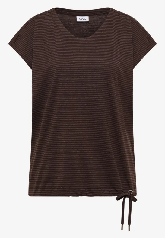 Braunes, kurzärmeliges Shirt mit feinen Streifen, Rundhalsausschnitt und seitlicher Zierschleife am Saum.