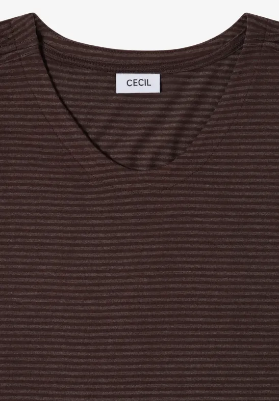 Braunes T-Shirt mit feinen schwarzen Streifen und rundem Ausschnitt von Cecil
