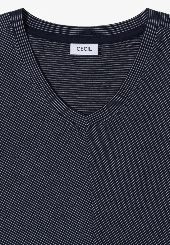 Dunkelblaues T-Shirt mit feinen weißen Streifen und V-Ausschnitt, Marke CECIL.