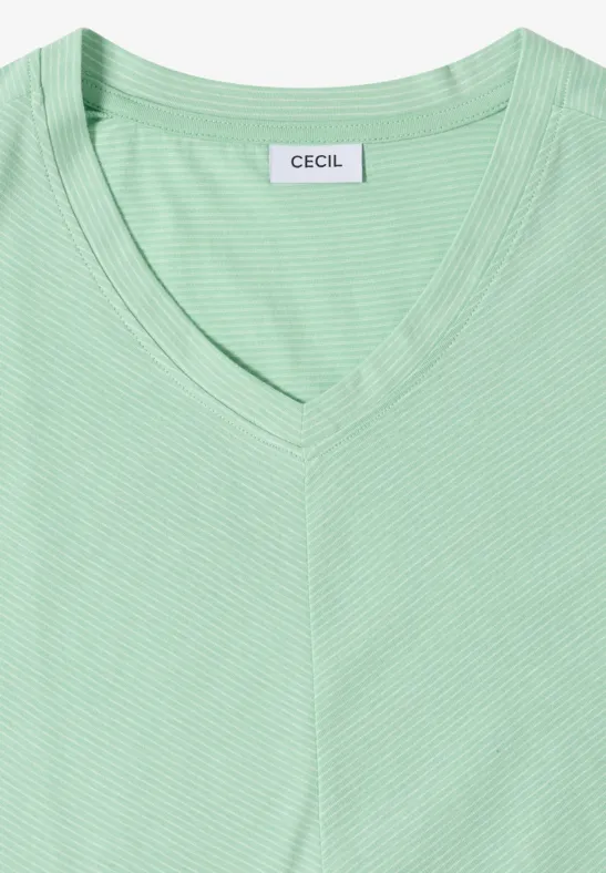 Mintgrünes V-Ausschnitt-Shirt aus feinem Rippstrick mit Cecil-Label