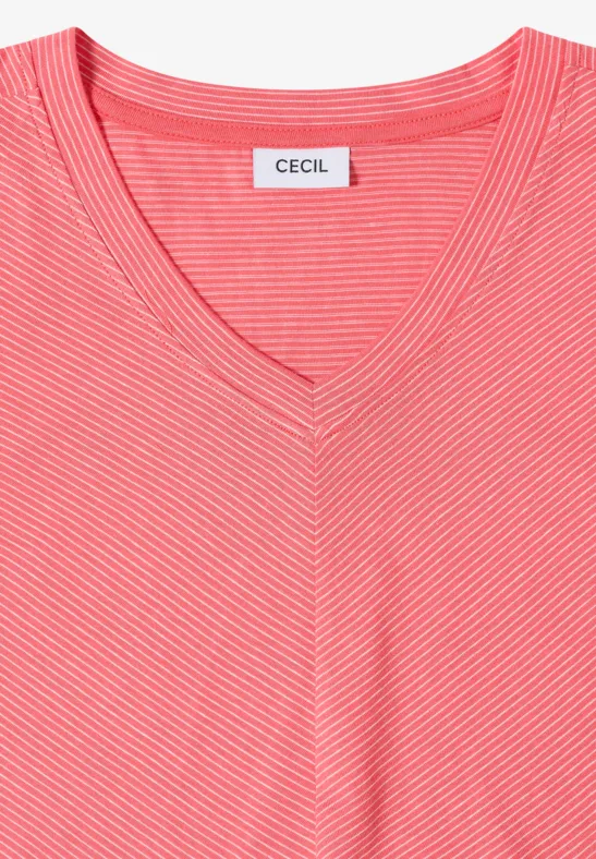 Korallfarbenes Damen-T-Shirt mit feinen weißen Streifen und V-Ausschnitt von CECIL.