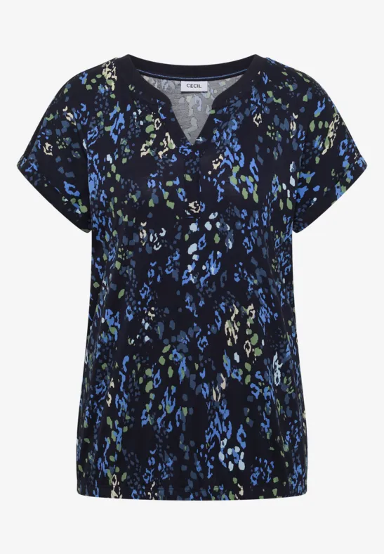 Kurzärmeliges V-Ausschnitt-Shirt aus schwarzem Stoff mit blau-grünem abstraktem Blumenmuster.