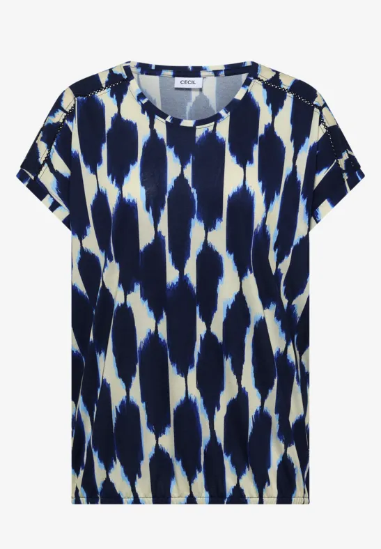 Kurzärmliges Damen-Shirt mit abstraktem blauen und weißen Pinselstrichmuster.