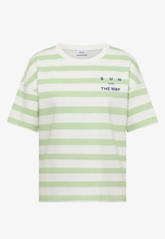 T-shirt met groene en witte strepen, korte mouwen, opdruk 'SUN' en 'THE BAY' op de borst.