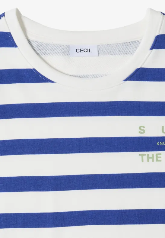 Blauw-wit gestreept T-shirt met ronde hals, 'CECIL'-label en groene opdruk