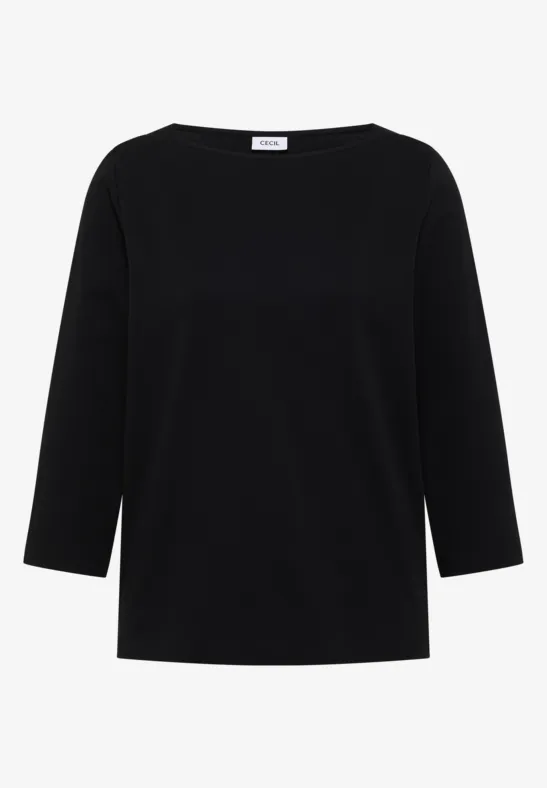 Schwarzes, schlichtes Damen-Shirt mit 3/4-Ärmeln und rundem Ausschnitt.