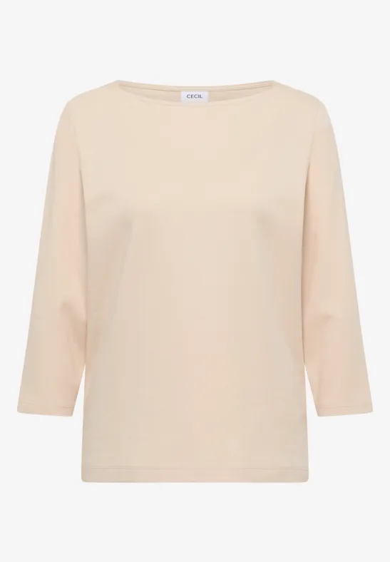 Beige T-Shirt mit halblangen Ärmeln und rundem Halsausschnitt.