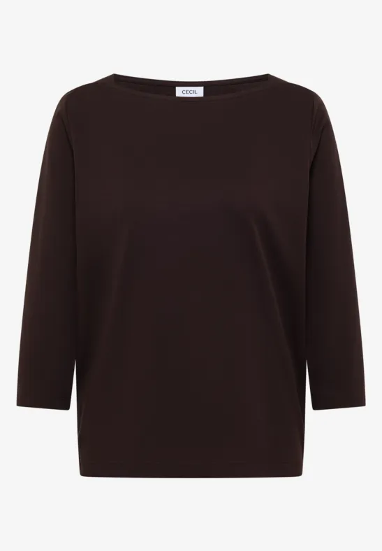 Un T-shirt à manches longues brun foncé uni avec encolure ronde.
