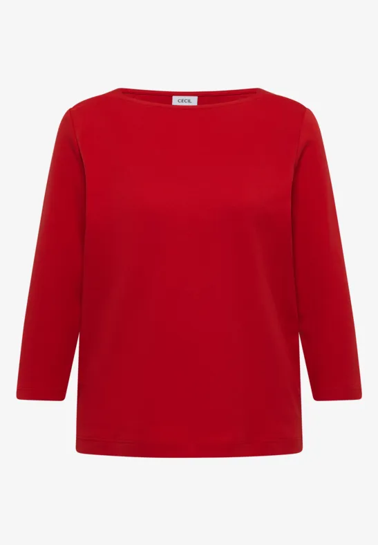 Ein rotes Langarmshirt mit rundem Ausschnitt, schlicht und klassisch.