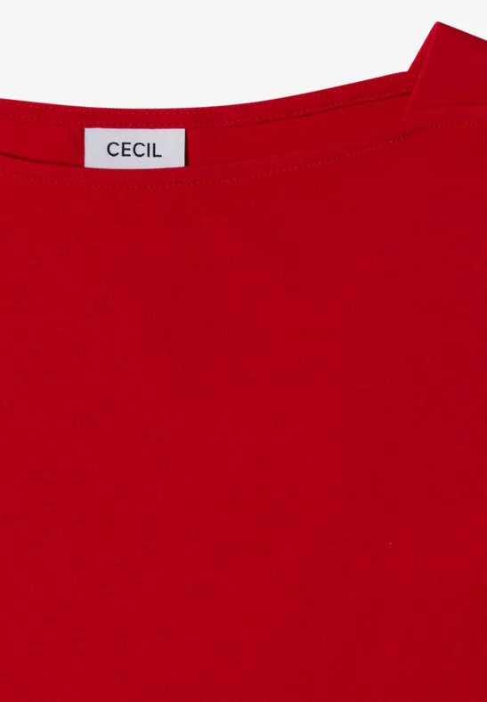 Rotes T-Shirt mit schmalem Rundhalsausschnitt und eingenähter Markenetikette 'CECIL'.