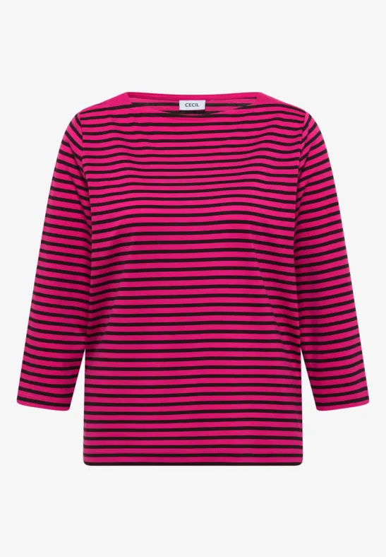 Damen-Shirt mit pinken und schwarzen Streifen und 3/4-Ärmeln.