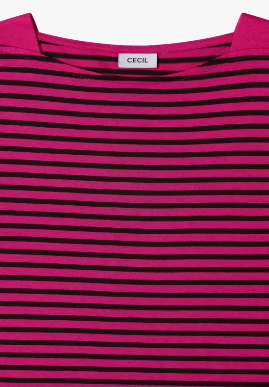 Rosa-schwarzes, horizontal gestreiftes T-Shirt mit weitem Ausschnitt und CECIL-Label am Kragen.