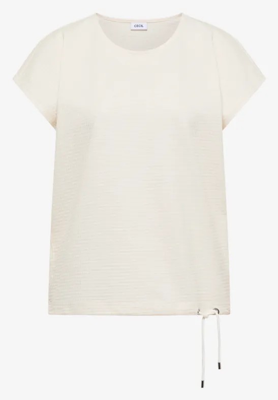 Cremefarbenes Kurzarmshirt mit Rundhals und seitlichem Kordelzug am Saum.
