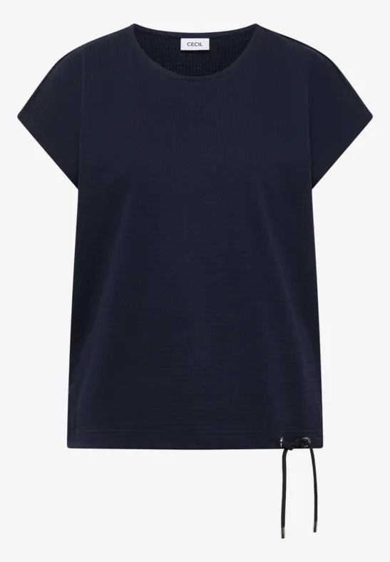 Dunkelblaues T-Shirt mit kurzen Ärmeln und seitlichem Tunnelzug am Saum.