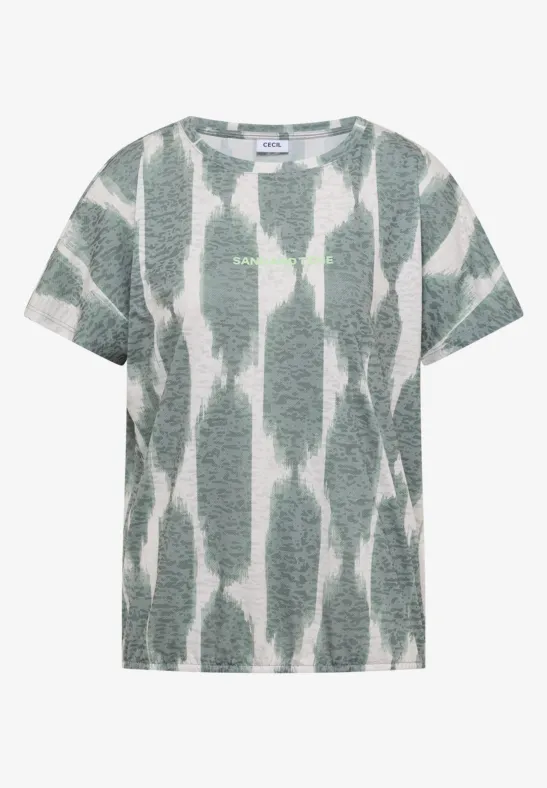 T-shirt manches courtes avec motif abstrait de coups de pinceau gris-vert sur fond blanc