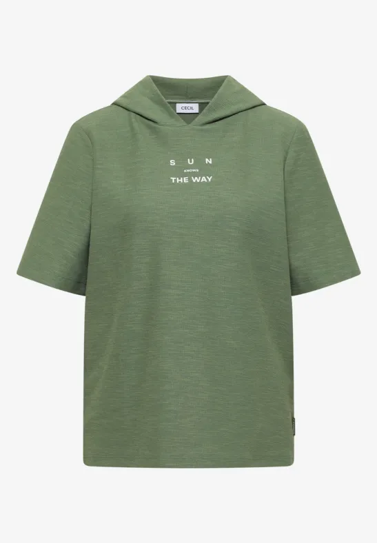 Grünes Kapuzen-T-Shirt mit kurzen Ärmeln und weißem „TWN THE WAY“-Schriftzug.
