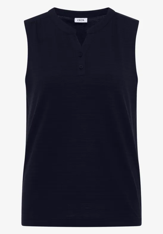 Donkerblauwe mouwloze top met ronde hals en korte knoopsluiting.