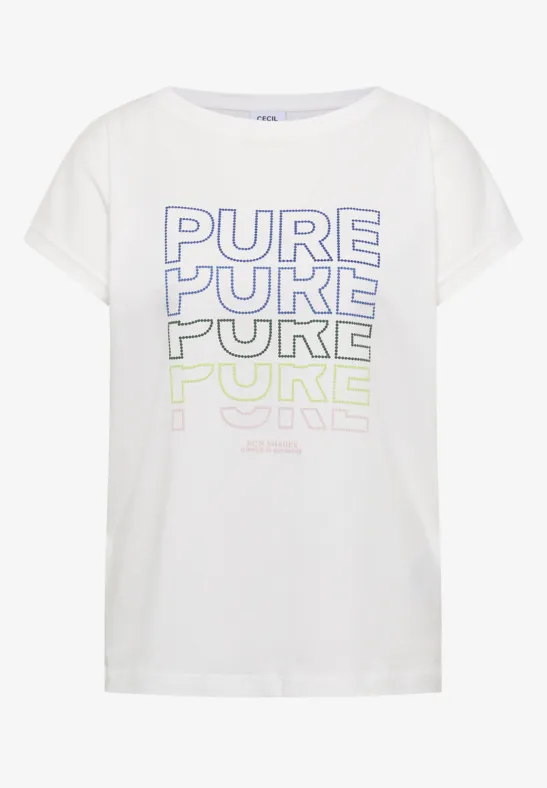Weißes T-Shirt mit mehrfachem, farbigem PURE-Schriftzug