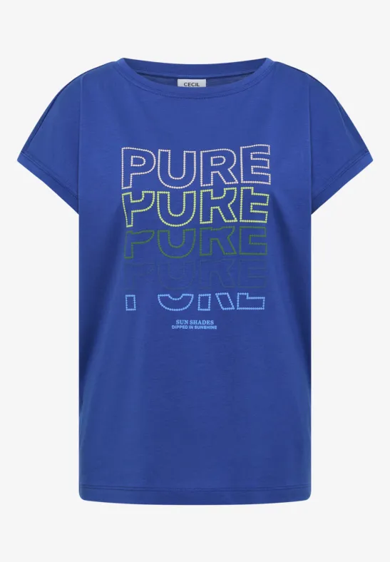 Blaues Damen-T-Shirt mit kurzen Ärmeln und weiß-grünem 'PURE PURE PURE'-Schriftzug auf der Front.