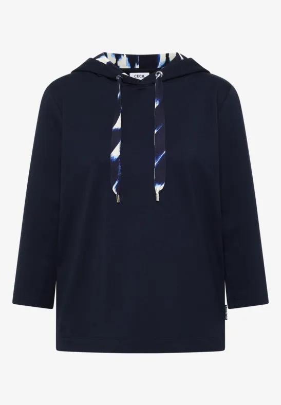 Marineblauer Kapuzenpullover mit Dreiviertelärmeln und gemusterten Kordeln am Hoodie