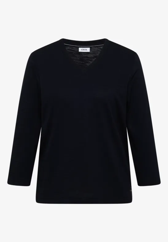 Schwarzes Damen-Shirt mit V-Ausschnitt und 3/4-Ärmeln, schlicht und vielseitig.
