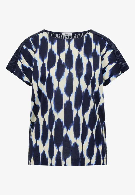 Kurzärmliges T-Shirt mit abstraktem blau-weißem Muster.