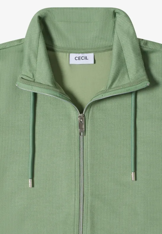 Lichtmintgroene sweatjas met ritssluiting, opstaande kraag en koordjes, merk 'CECIL'.