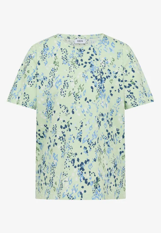 Hellgrünes T-Shirt mit blauem Blumenmuster