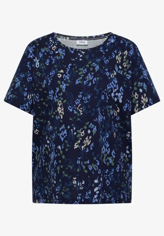 Dunkelblaues T-Shirt mit kurzem Arm und feinem Blumenmuster.