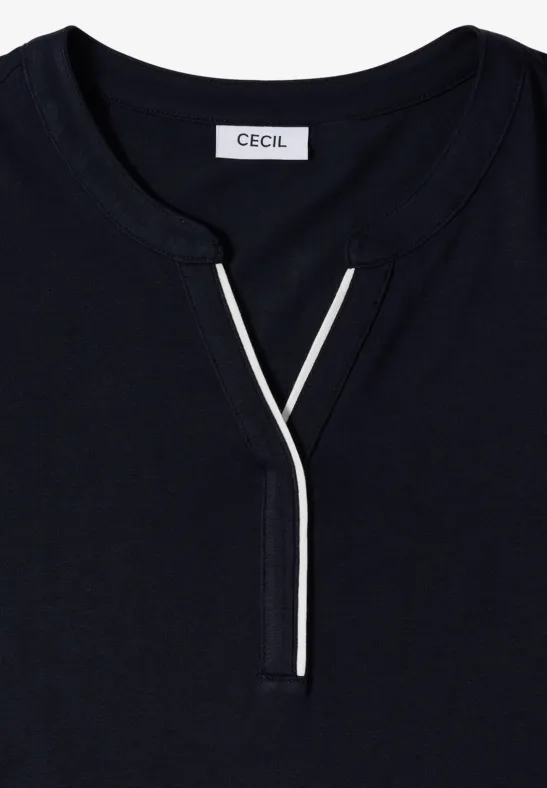 Schwarzes Shirt mit V-Ausschnitt, weißer Paspel und CECIL-Label