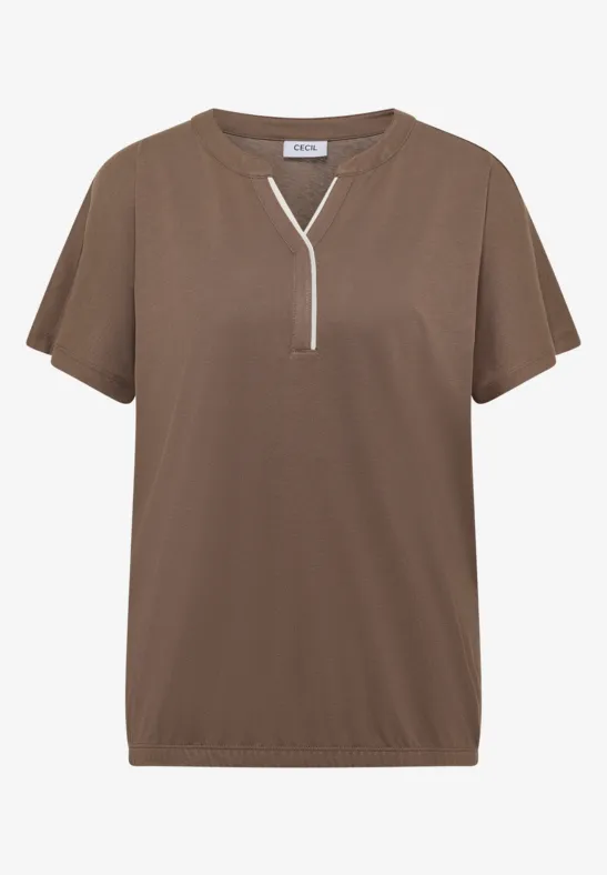 Braunes Kurzarm-Shirt mit V-Ausschnitt und Frontreißverschluss