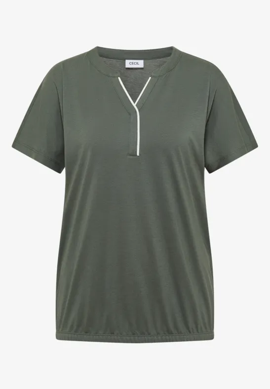 Schlichtes olivgrünes Damen-T-Shirt mit kurzem Arm, V-Ausschnitt mit weißem Besatz und elastischem Saum.
