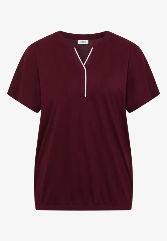 Dunkelrotes T-Shirt mit V-Ausschnitt, kurzen Ärmeln und lockerem Saum.