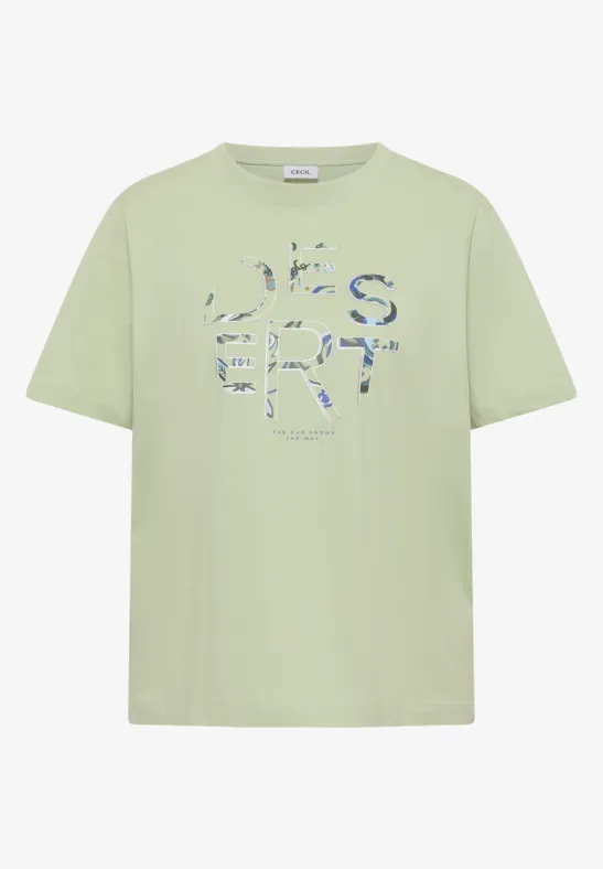 Hellgrünes T-Shirt mit 'DESERT'-Schriftzug, verziert mit dezentem Wüstenmuster
