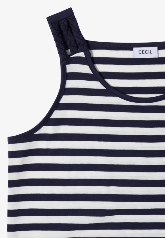 Ärmelloses Top mit maritimen Streifen in Dunkelblau und Weiß, zierlichem Spitzenträger und CECIL-Label.