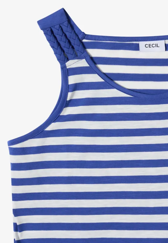 Ärmelloses Top mit blau-weißen Streifen und geflochtenem Trägerdetail.
