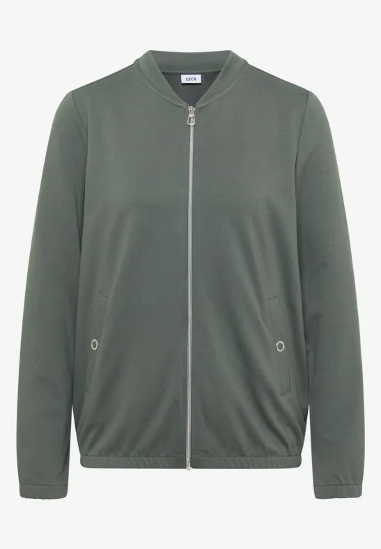 Olivegrüne Bomberjacke mit durchgehendem Reißverschluss und Seitentaschen.