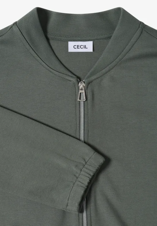 Olivegrünes Sweatshirt mit kurzem Reißverschluss, elastischen Bündchen und schlichtem Design.