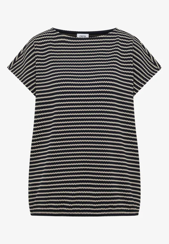 Dames T-shirt met korte mouwen in zwart-wit strepen, recht model.