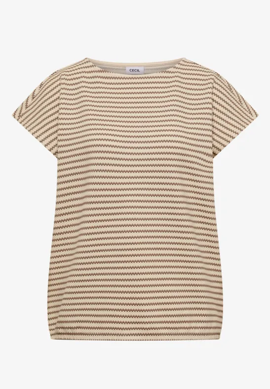 Beige T-shirt met korte mouwen en witte, horizontale strepen.