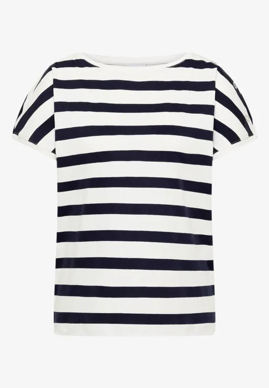T-shirt blanc à rayures horizontales noires et manches courtes.