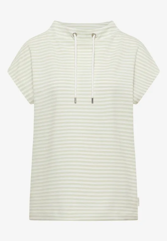 T-shirt à capuche pour femme à manches courtes, rayé blanc et vert pastel.